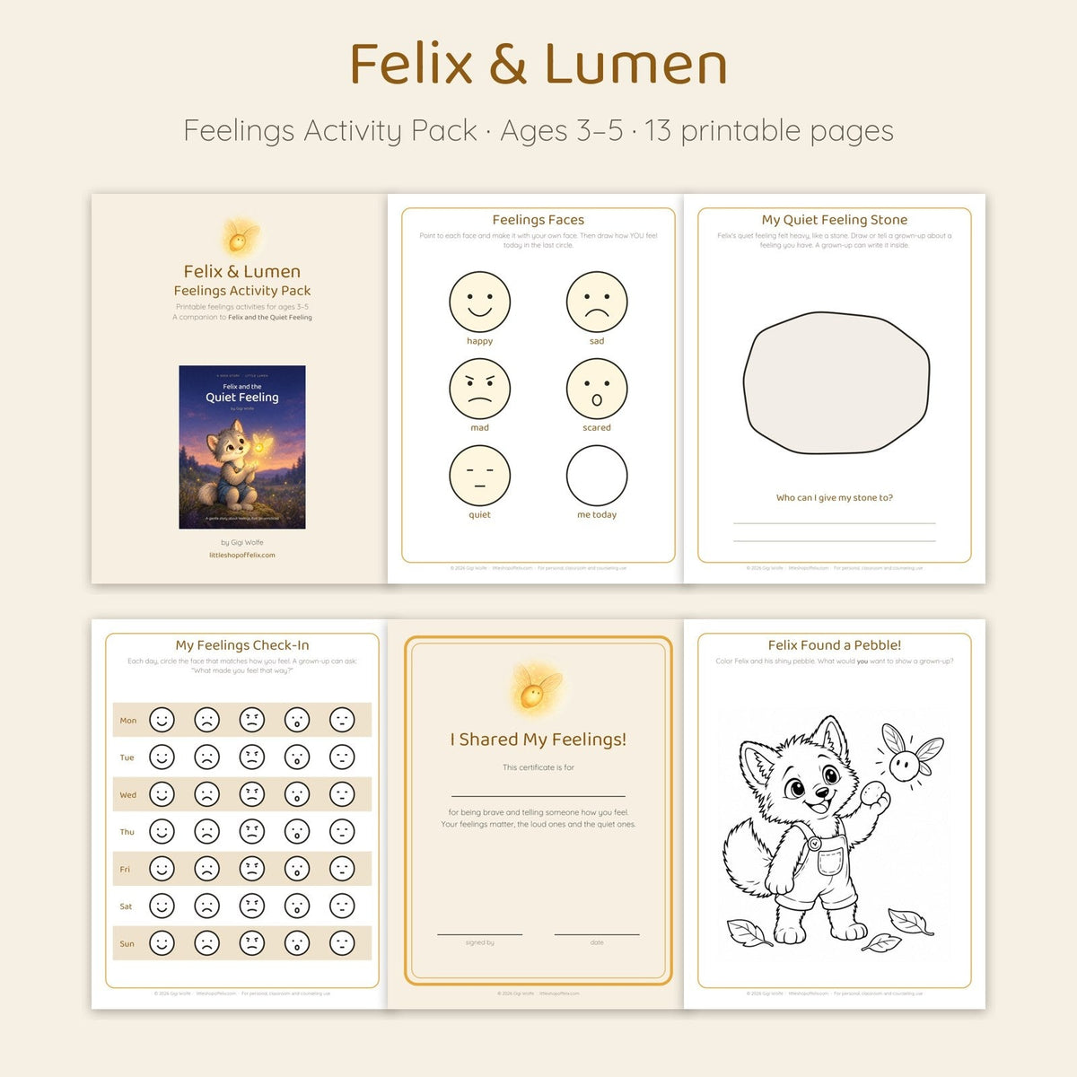 Pages from the Felix & Lumen Feelings Activity Pack for ages 3-5