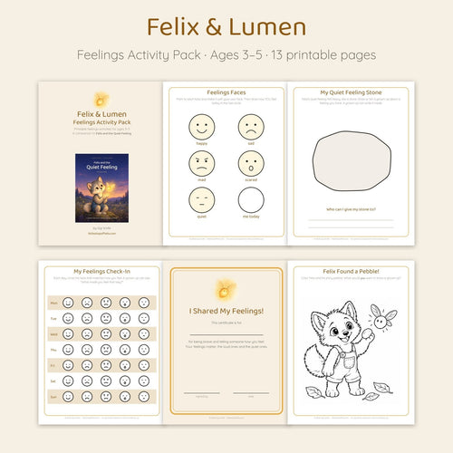 Pages from the Felix & Lumen Feelings Activity Pack for ages 3-5